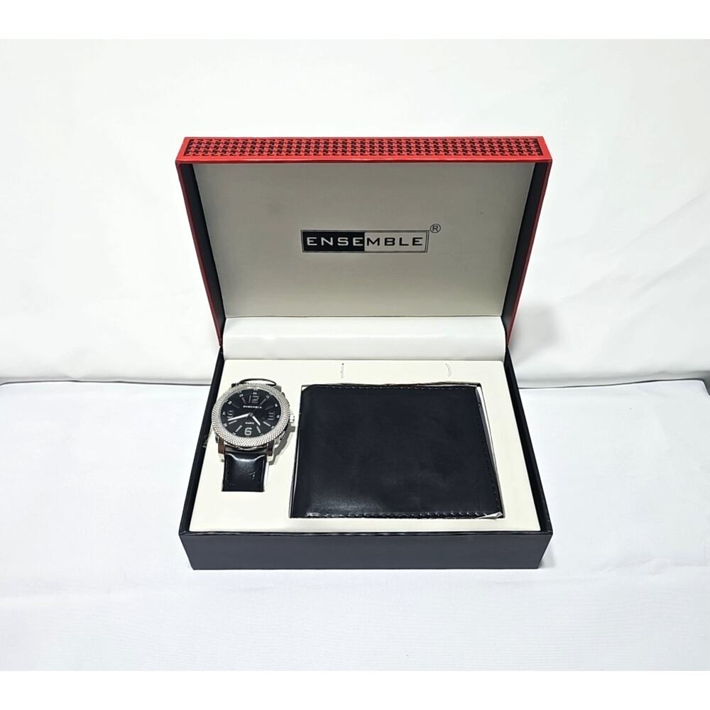 Ensemble Mens Wrist Watch & Leather Wallet Set Quartz Watch Black Leather Band